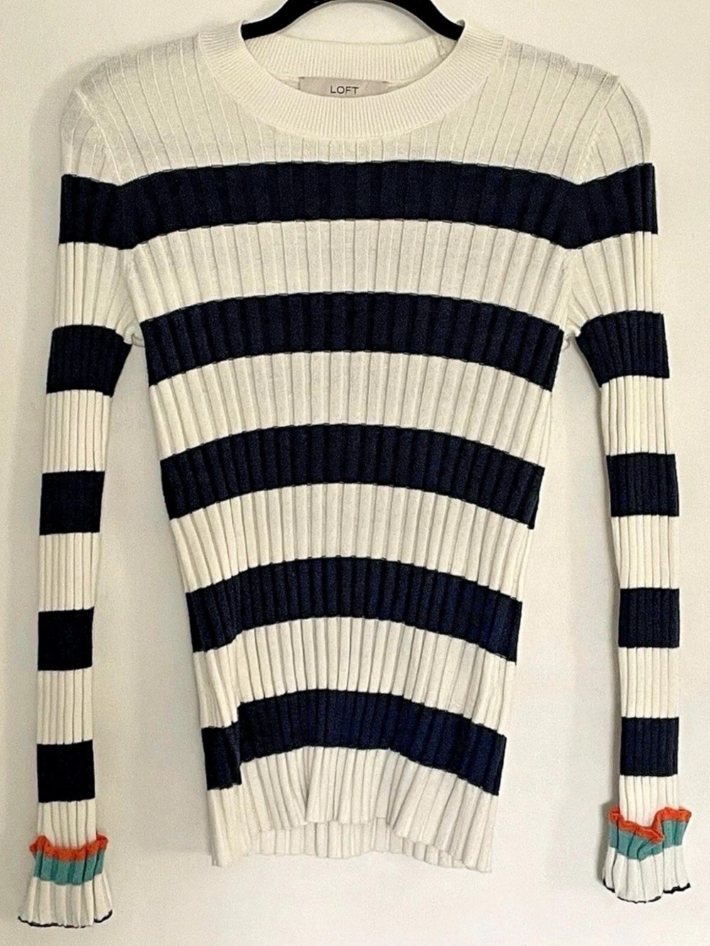 LOFT Striped Ribbed Sweater in White & Blue Size Small